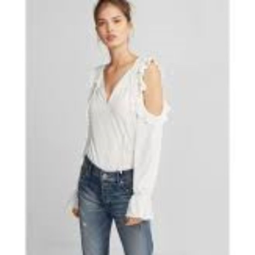 Express Womens Cold Shoulder Ruffle Long Sleeve White Top XXS